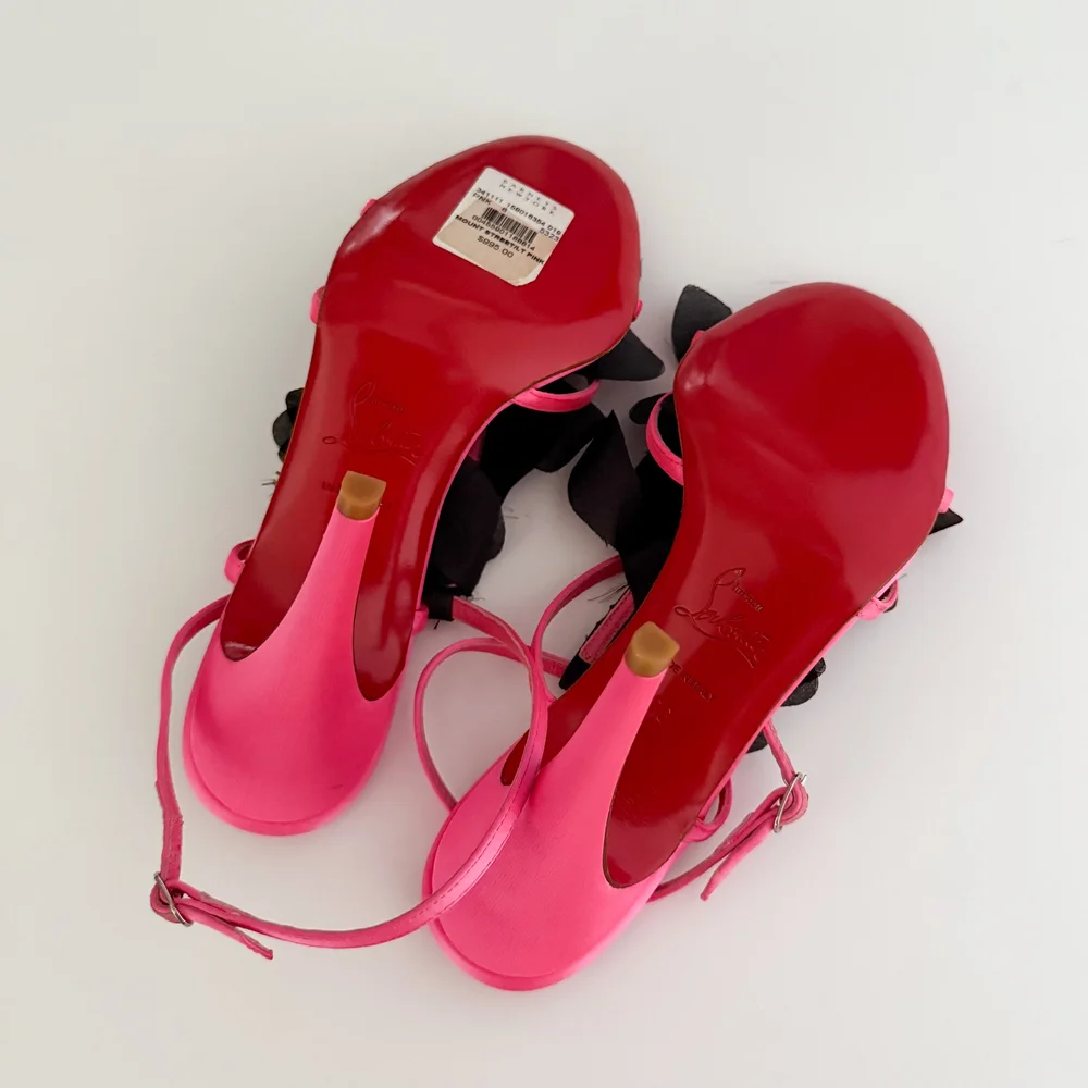 Christian Louboutin Pink & Black Ruffle Sandal Heels (IT 36